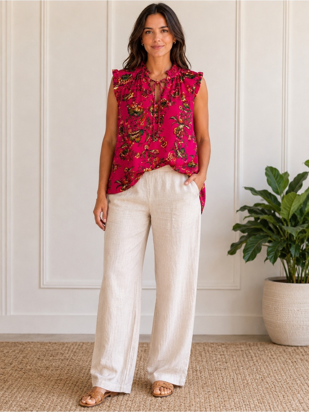 Rachel Rachel Roy XL Pink Floral Sleeveless Ruffle Tie Neck Blouse